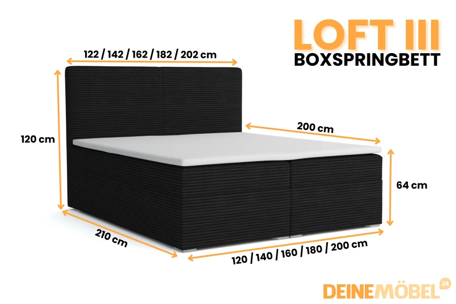 Dimensions Loft III boxspring bed black from 120 to 200 cm width