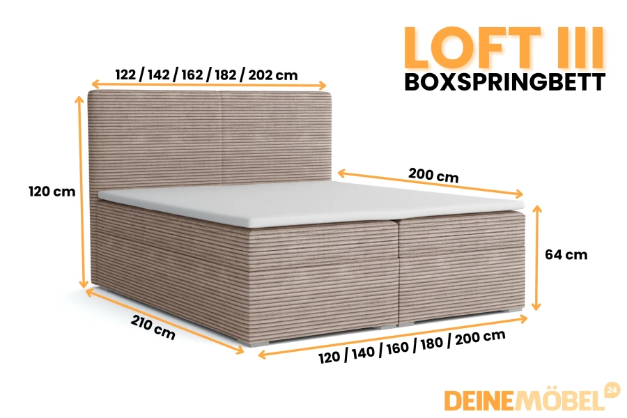 Afmetingen en beschikbare maten voor het boxspring bed Loft III met corduroy bekleding.