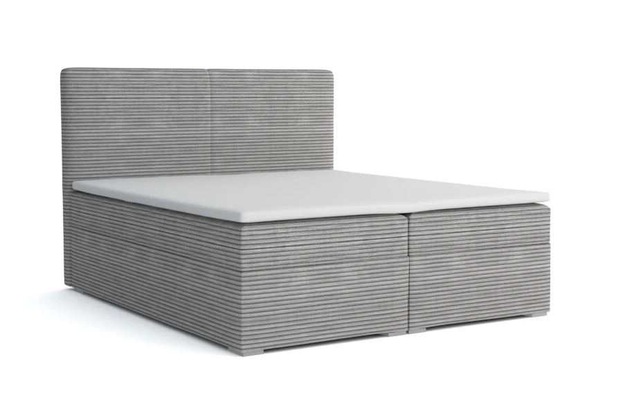 Modernes Boxspringbett in Grau mit strukturiertem Poso Cord-Bezug und integriertem Topper.