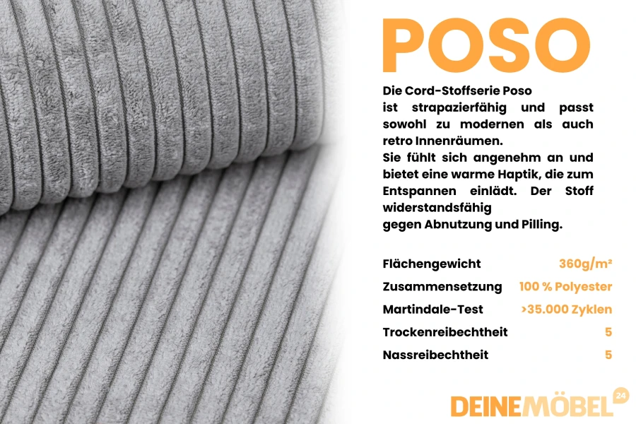 Technische Details zum strapazierfähigen Cord-Stoff Poso mit hoher Abriebfestigkeit für Polstermöbel.
