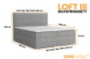 Maßangaben für das Loft III Boxspringbett inklusive Breiten, Tiefen und Kopfteilhöhe im Überblick.