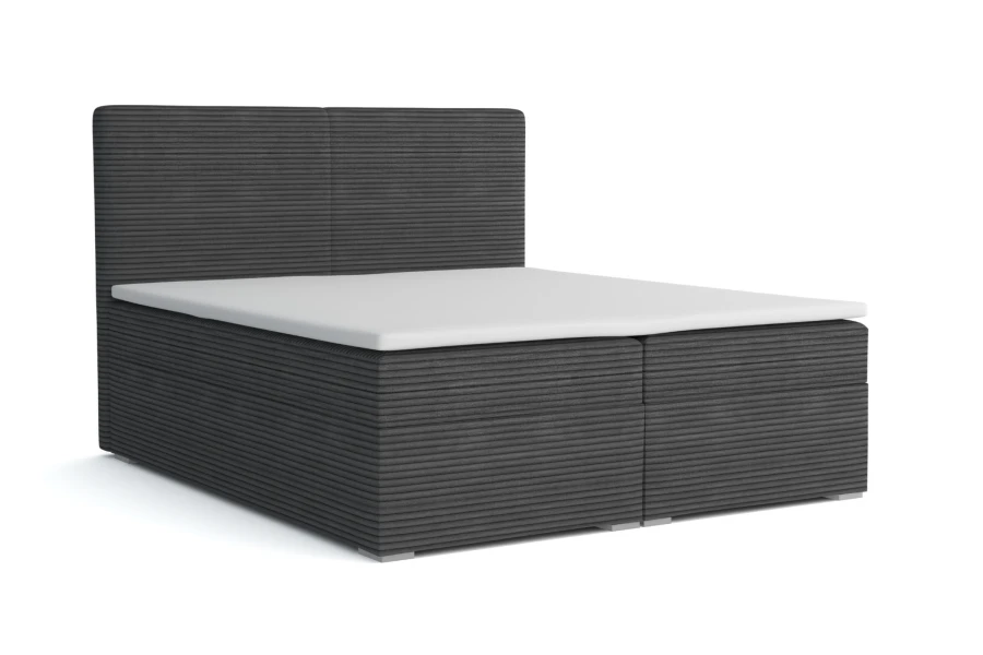 Anthrazitfarbenes Boxspringbett mit geripptem Stoffbezug und Topper.