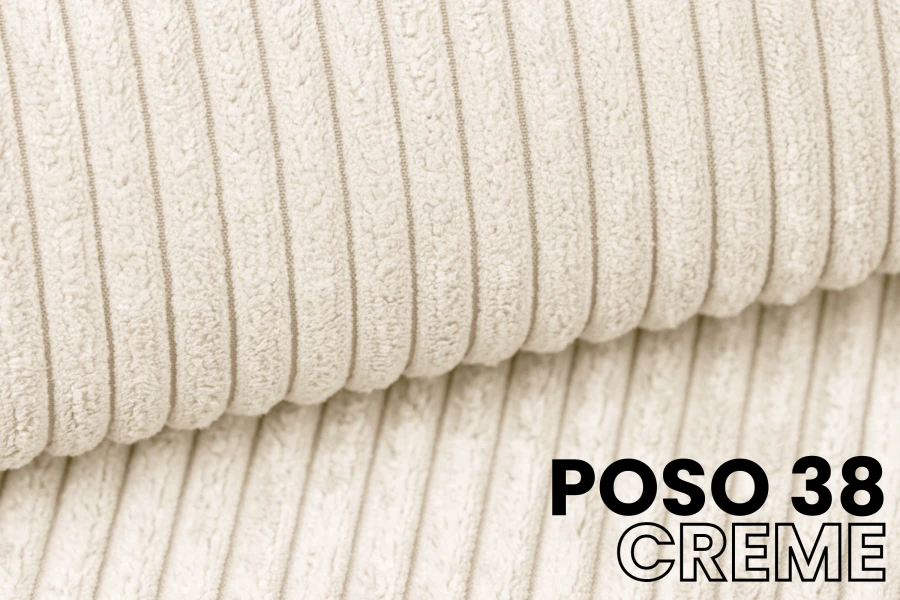 Detailansicht des hellen Cord-Stoffs Poso 38 Creme mit weicher Rippenstruktur für Polstermöbel.