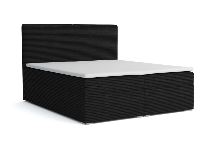 Schwarzes Boxspringbett mit strukturiertem Cord-Stoff und weißer Matratze in modernem Design.