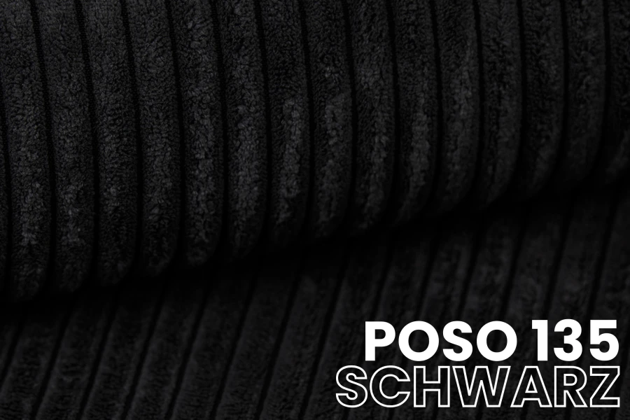 Nahaufnahme des dunklen Cord-Möbelstoffs Poso 135 Schwarz mit vertikalen Rippen.