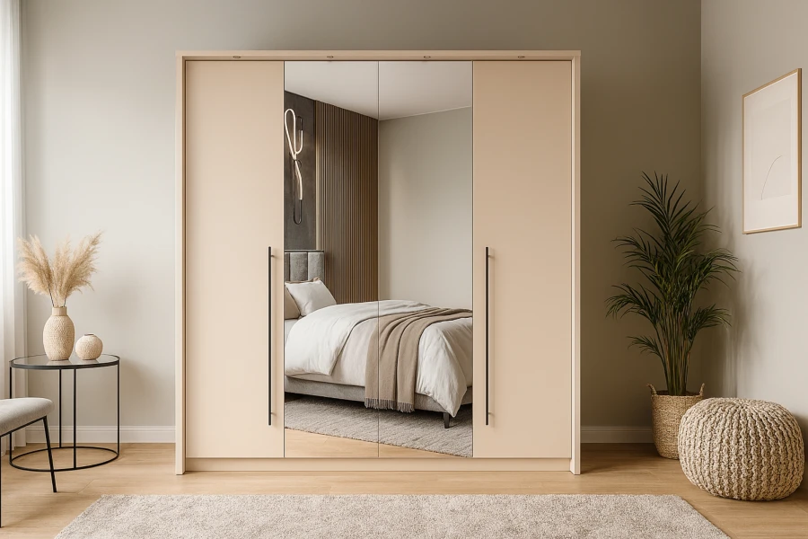 Beiger viertüriger Kleiderschrank mit großen Spiegeltüren in hellem Schlafzimmer.