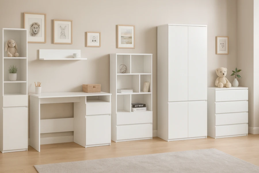 Fünfteiliges weißes Kindermöbel-Set mit Schreibtisch, Regalen und Kleiderschrank.