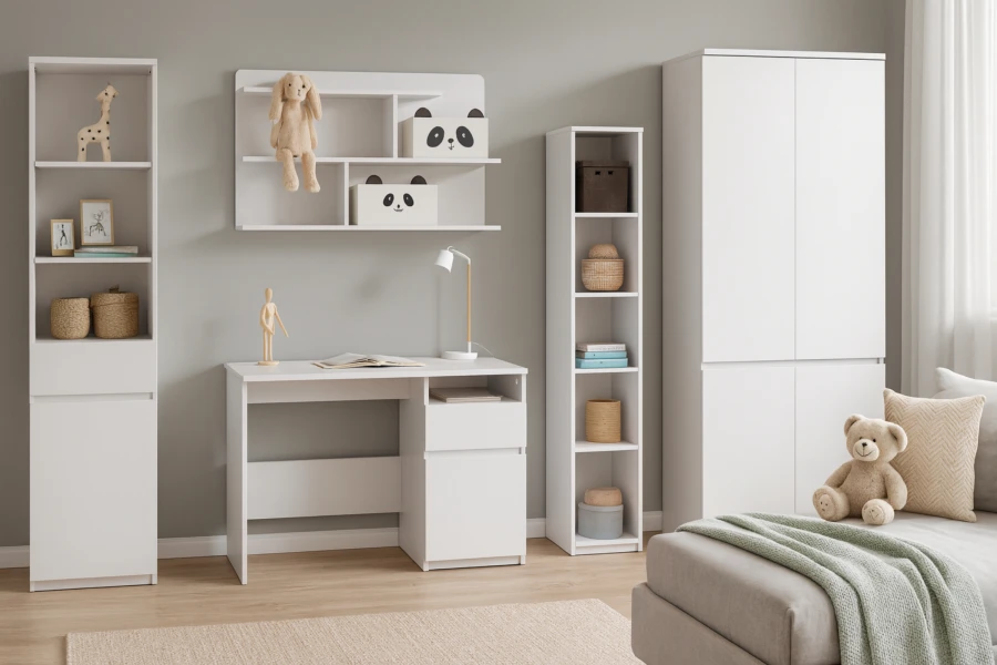Helle Kindermöbel in Weiß: Schreibtisch, Wandregal mit Panda-Boxen, hohe Regale und Kleiderschrank.