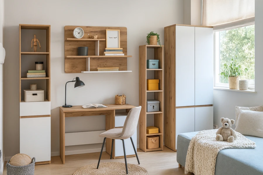 Einrichtung für das Kinderzimmer in Eiche und Weiß mit Schreibtisch, Stuhl und verschiedenen Regalen.
