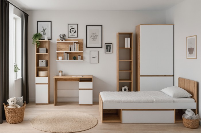 Skandinavisches Jugendzimmer-Set mit Einzelbett, Schreibtisch, Kleiderschrank und Wandregalen in Eiche-Weiß.