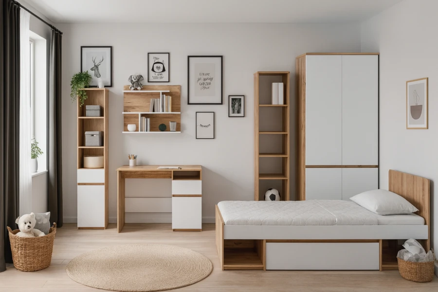 Skandinavisches Jugendzimmer-Set mit Einzelbett, Schreibtisch, Kleiderschrank und Wandregalen in Eiche-Weiß.