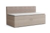 Beiges Kindersofa MATI mit gestreifter Rückenlehne und integriertem Bettkasten auf weißem Hintergrund.