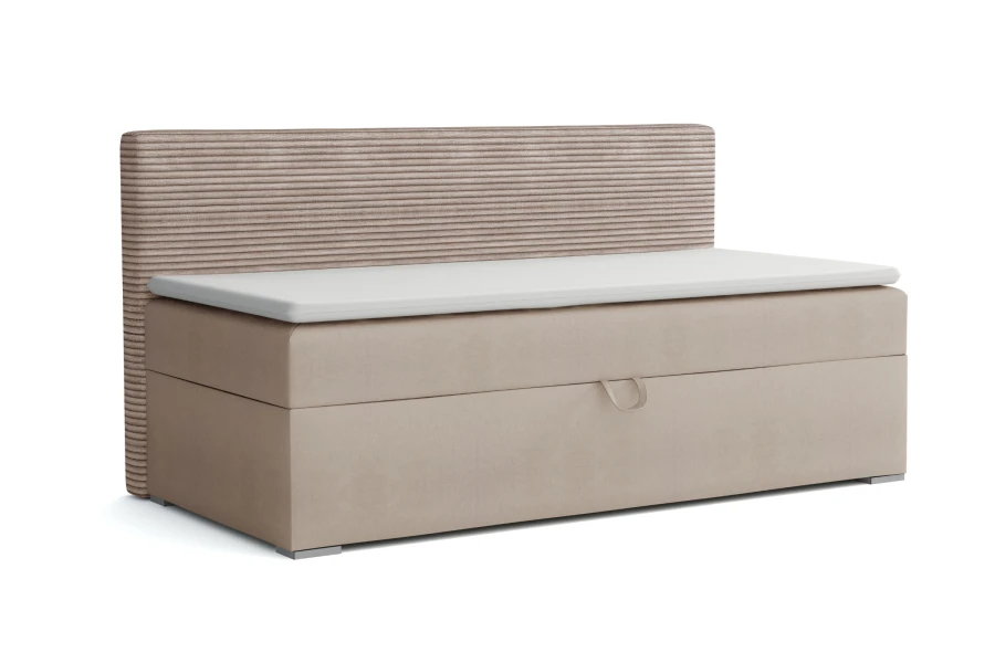 Beige Kindersofa MATI mit geriffeltem Kopfteil und praktischem Bettkasten.