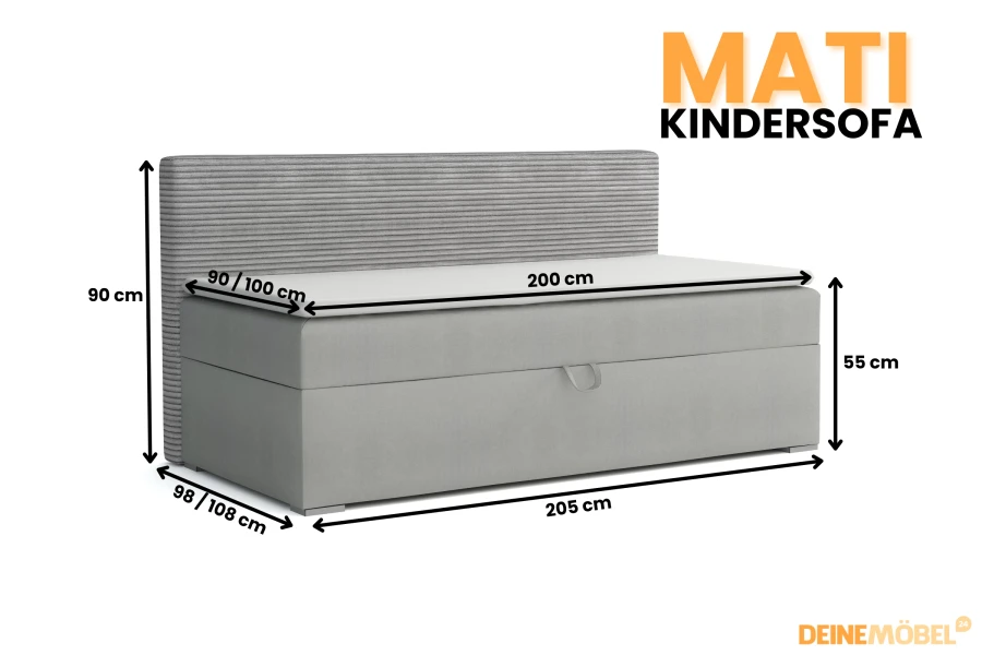 Detaillierte Maße des MATI Kindersofas inklusive Sitzhöhe und Liegefläche für das Kinderzimmer.
