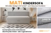 Mati Kindersofa Werbebild mit Stoffmustern in Hellgrau: Paros 5 und Poso 55 Cord-Stoff.