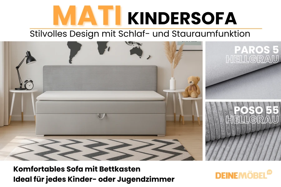 Mati Kindersofa Werbebild mit Stoffmustern in Hellgrau: Paros 5 und Poso 55 Cord-Stoff.