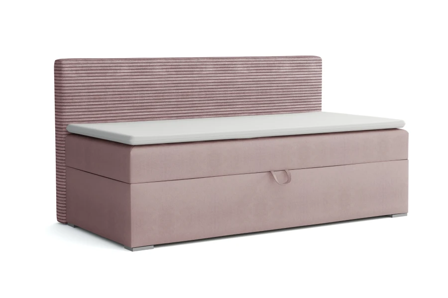 Modernes Polsterbett in Rosa mit weißem Topper und Bettkasten – platzsparende Schlaflösung.