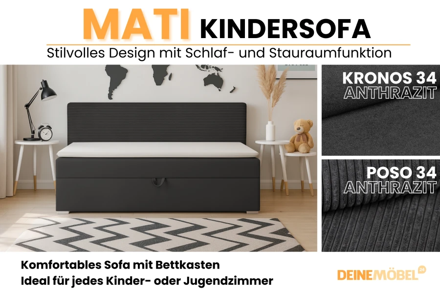 MATI kinderbank productoverzicht met materiaaldetails in antraciet.