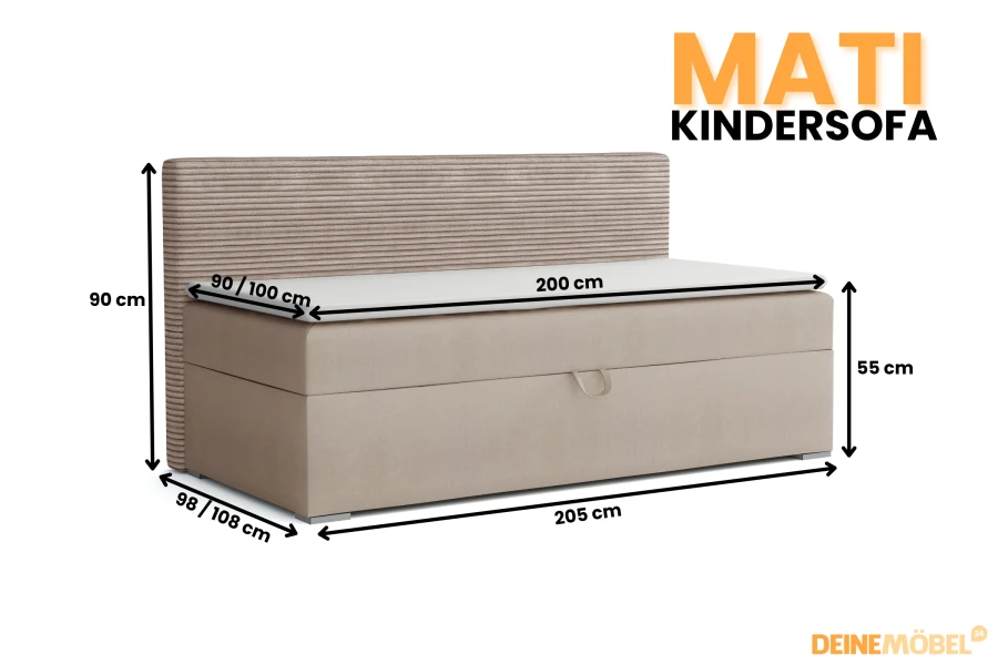 Afmetingen voor kinderbank MATI: 205 cm breedte, 90 cm totale hoogte en 55 cm zithoogte in een oogopslag.