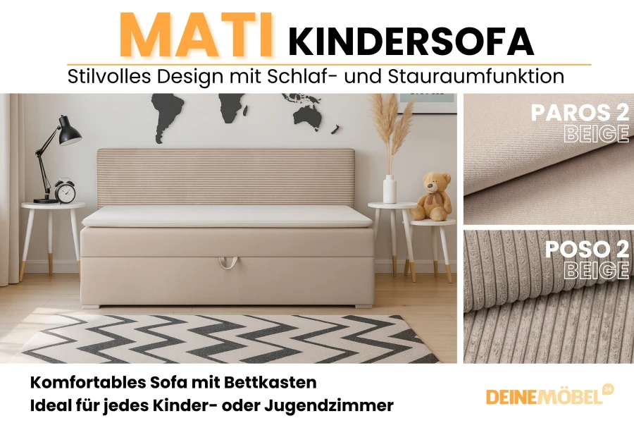 Infographic for the MATI children's sofa with fabric samples Paros and Poso as well as functional details.