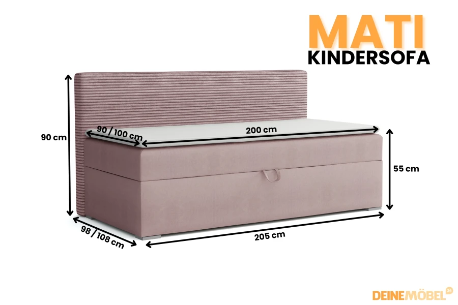 Afmetingen voor de Mati kinderbank in het roze – overzicht van de productafmetingen.