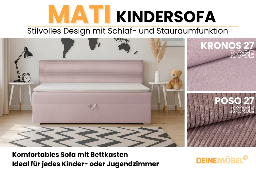 Mati kinderbank in het roze met beddenkast en slaapfunctie voor de kinderkamer.