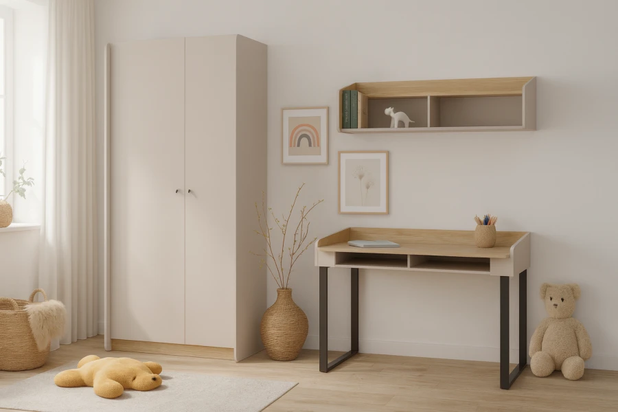 Modernes Kinderzimmer-Set mit Schrank, Schreibtisch und Wandregal in Beige.