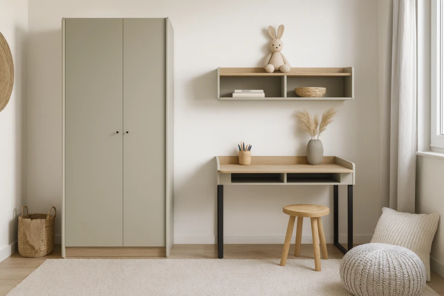 Modernes Kinderzimmer mit grünem Kleiderschrank, Schreibtisch aus Holz und passendem Wandregal.