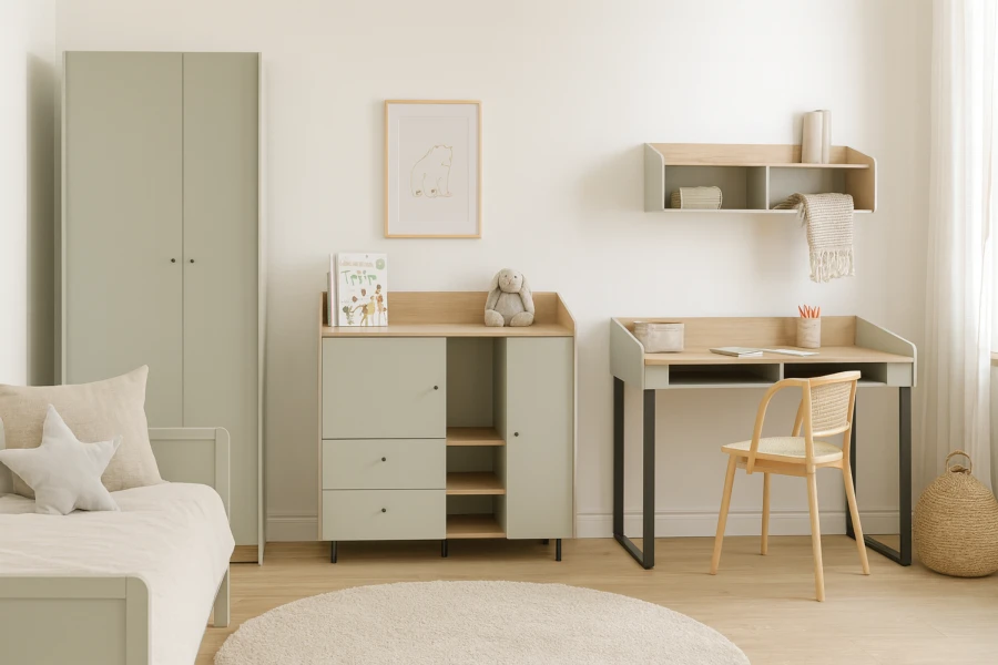 Stilvolles Kinderzimmer in Salbeigrün mit Kleiderschrank, Sideboard und Schreibtisch mit Holzstuhl.