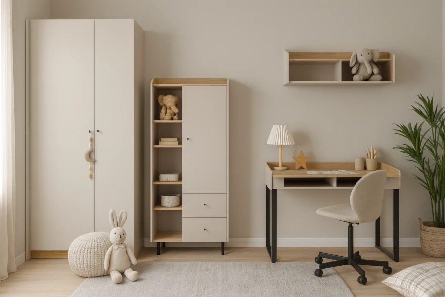 Stilvolles Jugendzimmer in Beige mit Kleiderschrank, hohem Regal und modernem Schreibtischplatz.