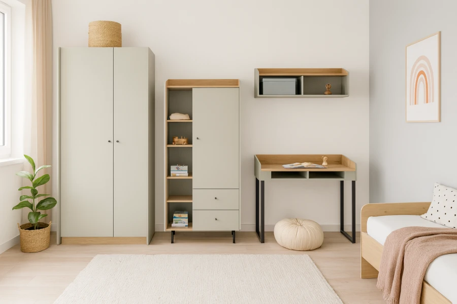 Komplettes Kinderzimmer in Salbeigrün und Eiche mit Kleiderschrank, Regal, Schreibtisch und Kinderbett.