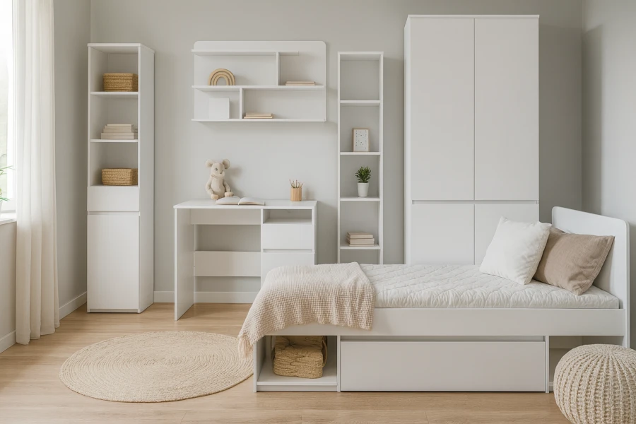 Komplettes Kinderzimmer in Weiß mit Funktionsbett, Schreibtisch, Kleiderschrank und schmalen Regalen.