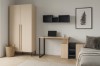 Modernes Arbeitszimmer mit hellem Kleiderschrank, Holz-Schreibtisch und Laptop vor weißer Wand.