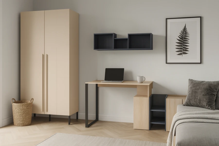 Modernes Arbeitszimmer mit hellem Kleiderschrank, Holz-Schreibtisch und Laptop vor weißer Wand.
