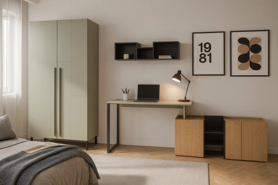 Modernes Jugendzimmer mit salbeigrünem Schrank, Sideboard und Schreibtisch.