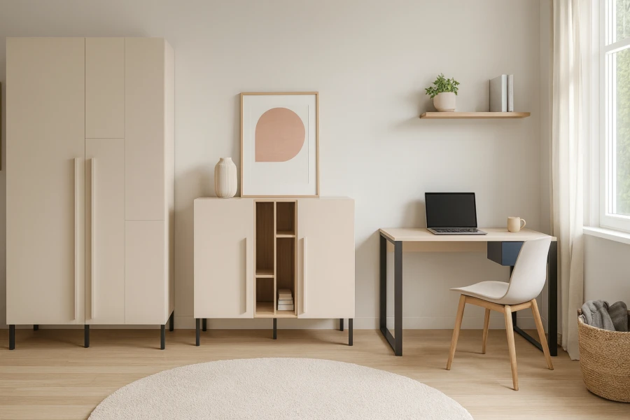 Einrichtung in Beige mit Kleiderschrank, passendem Sideboard und Schreibtisch.
