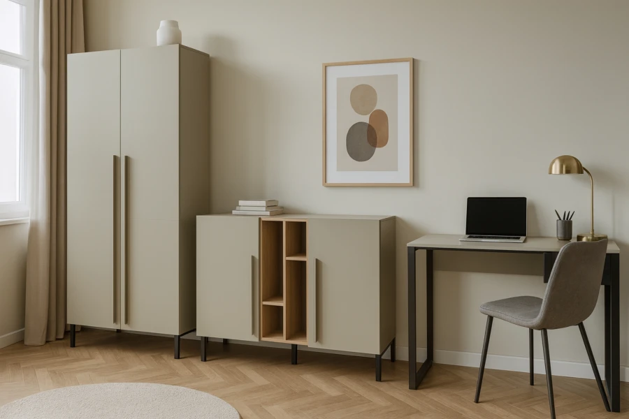 Stilvolles Möbel-Set in Salbeigrün mit Schrank, Kommode und Arbeitsplatz.