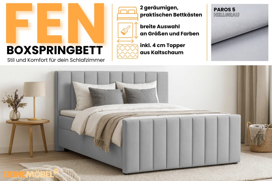 Modernes FEN Boxspringbett in Hellgrau mit gestepptem Kopfteil und Bettkasten für Komfort im Schlafzimmer.
