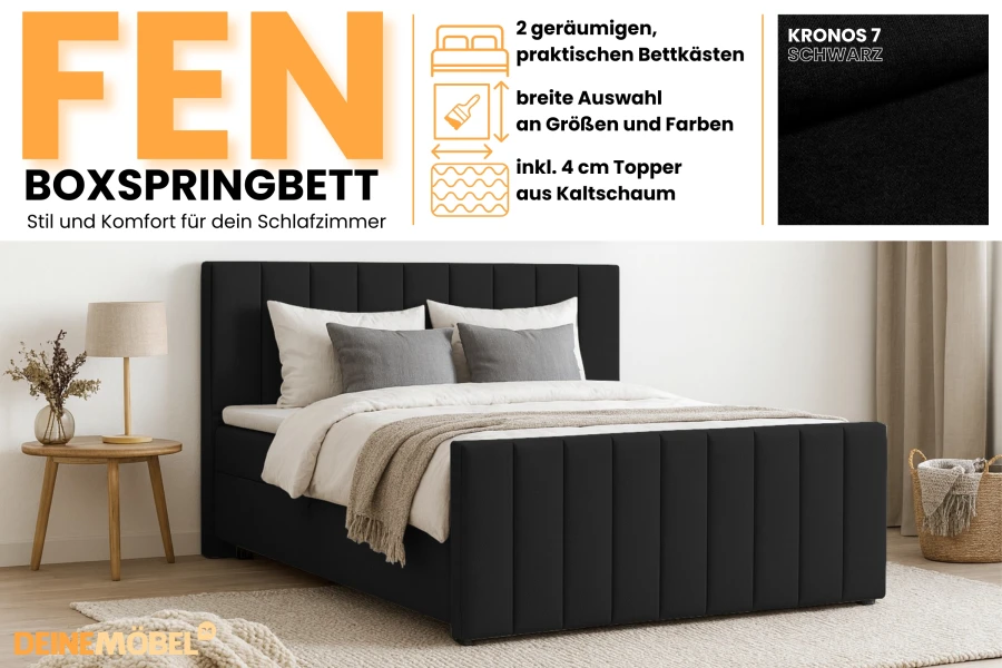 FEN Boxspringbett Übersicht: Features wie Bettkasten, Topper und Farbauswahl.