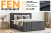 Infografik zum FEN Boxspringbett in Dunkelgrau mit Details zu Bettkästen und Kaltschaum-Topper.