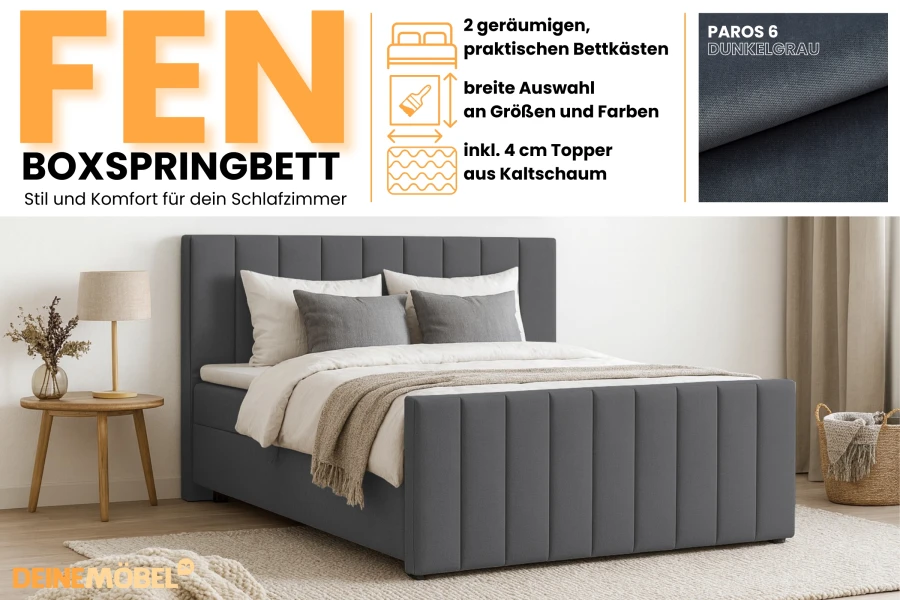 Infografik zum FEN Boxspringbett in Dunkelgrau mit Details zu Bettkästen und Kaltschaum-Topper.