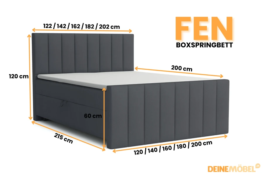 Technische Zeichnung und Maße für das Boxspringbett Fen in Dunkelgrau.