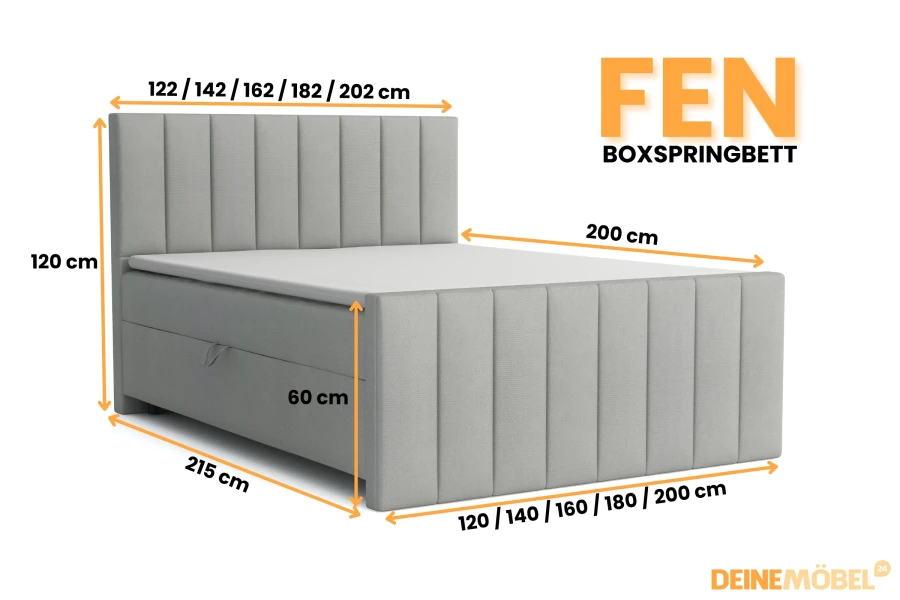 Technische Zeichnung mit Maßen für das FEN Boxspringbett von 120 bis 200 cm Breite.