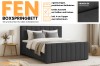 Infografik zum FEN Boxspringbett: Highlights wie Bettkästen, Kaltschaum-Topper und verschiedene Farben.