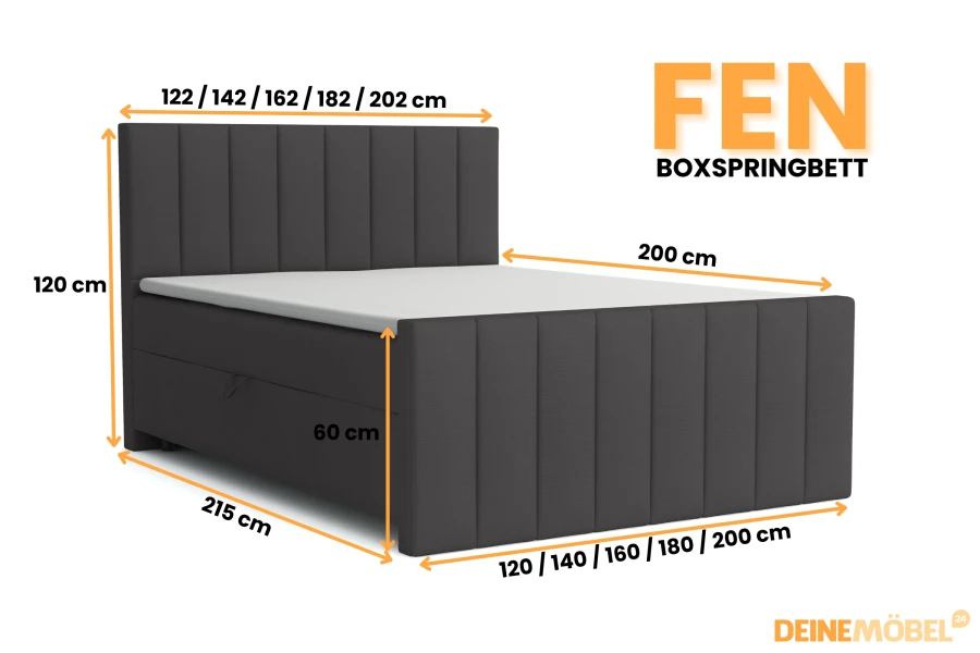 Graues Boxspringbett FEN mit Maßen, Polsterbett mit hohem Kopfteil und Fußteil für das Schlafzimmer.