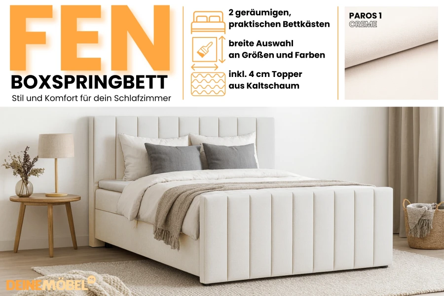 Produktübersicht FEN Boxspringbett: Details zu Bettkästen, Kaltschaum-Topper und Stoffprobe Paros 1 Creme.