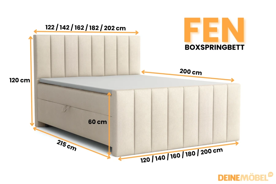 Maße für Boxspringbett Fen in Creme, verschiedene Breiten