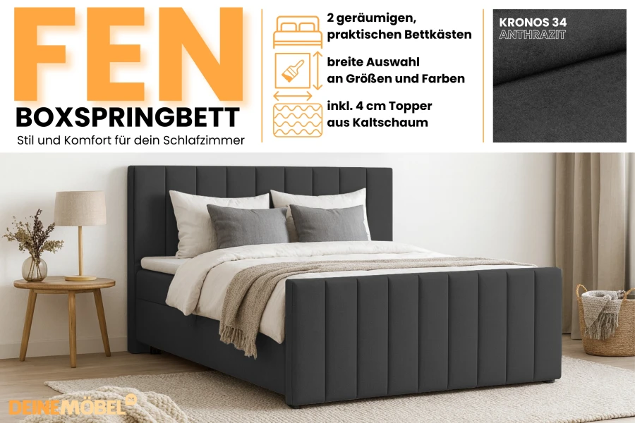 Details zum FEN Boxspringbett: Infografik zu Bettkästen, Topper und Stoffmuster in Anthrazit.