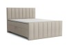 Beiges Boxspringbett mit vertikal gestepptem Kopf- und Fußteil auf weißem Hintergrund.