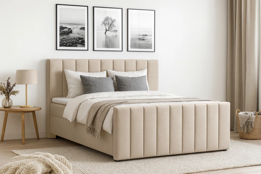 Eingerichtetes Schlafzimmer mit beige gepolstertem Boxspringbett und moderner Dekoration.